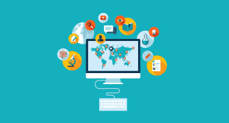 A colorful infographic illustrating statistics of hybrid learning, featuring bar graphs of student enrollment, teacher counts, and distance learning metrics in a classroom setting.