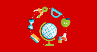 A visually engaging illustration featuring microscopic images of bacteria and viruses, with a background of laboratory equipment and books related to microbiology, in a colorful, educational-themed style.